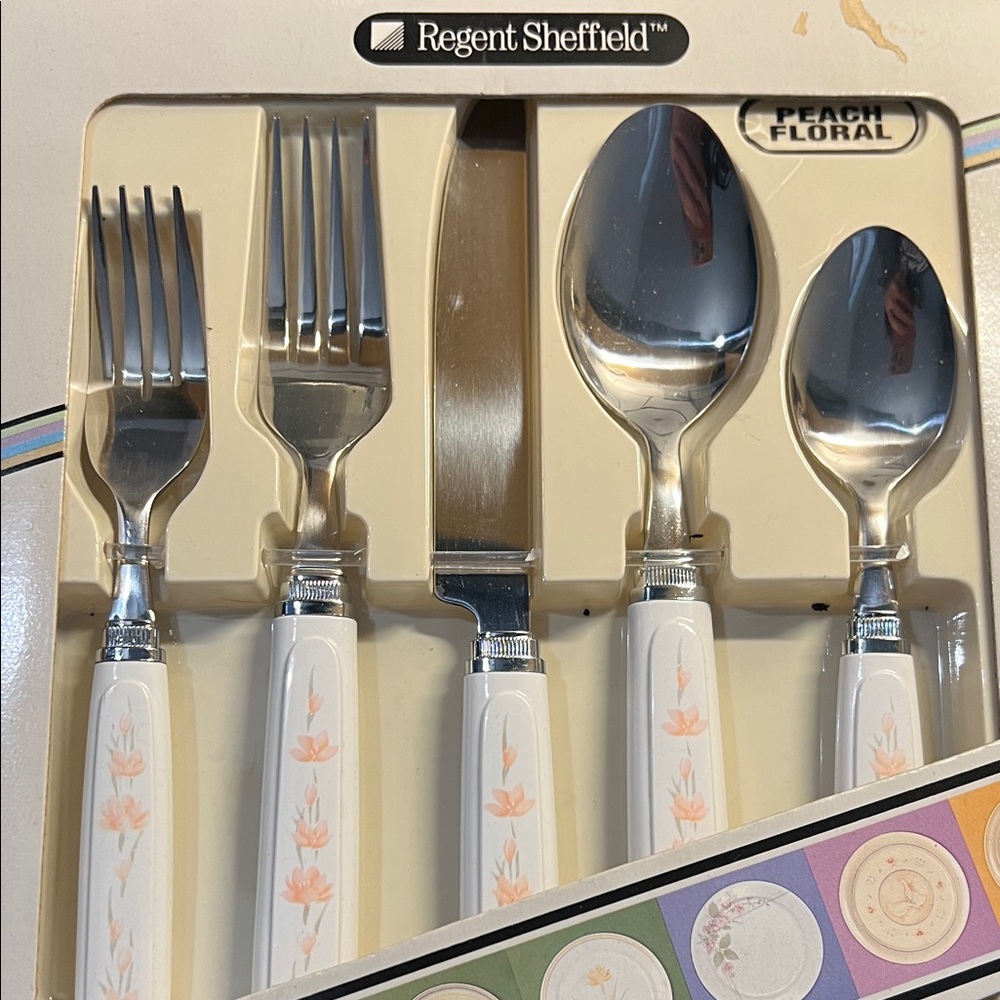 Corningware Flatware Set by Regent Sheffield in Peach Floral. New in box RETIRED